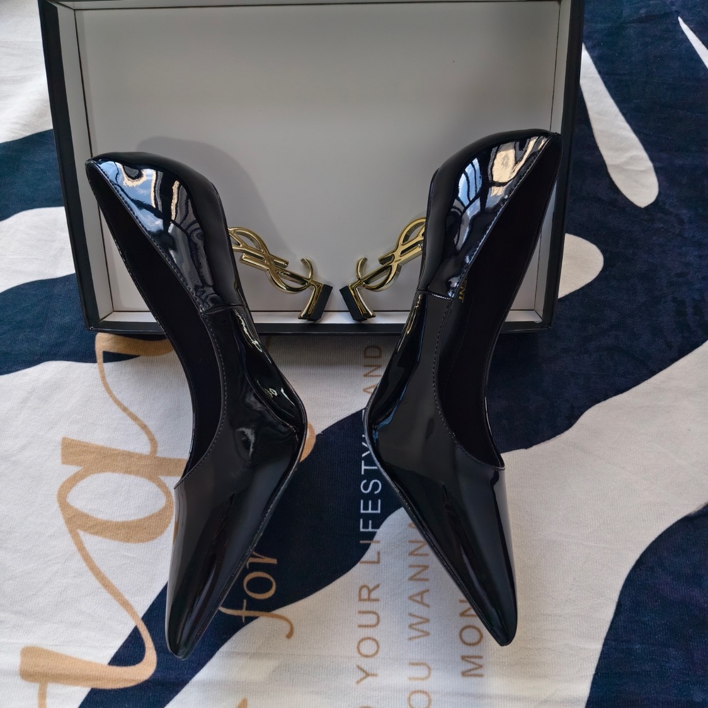 Saint Laurent Black Patent Pointed-Toe Heels with Gold YSL Logo Heel - Picture 3 of 12